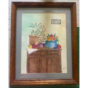 Framed Watercolor Bless Our Home Wall Art by ARE 1999 12"x15" Floral Decor Vtg